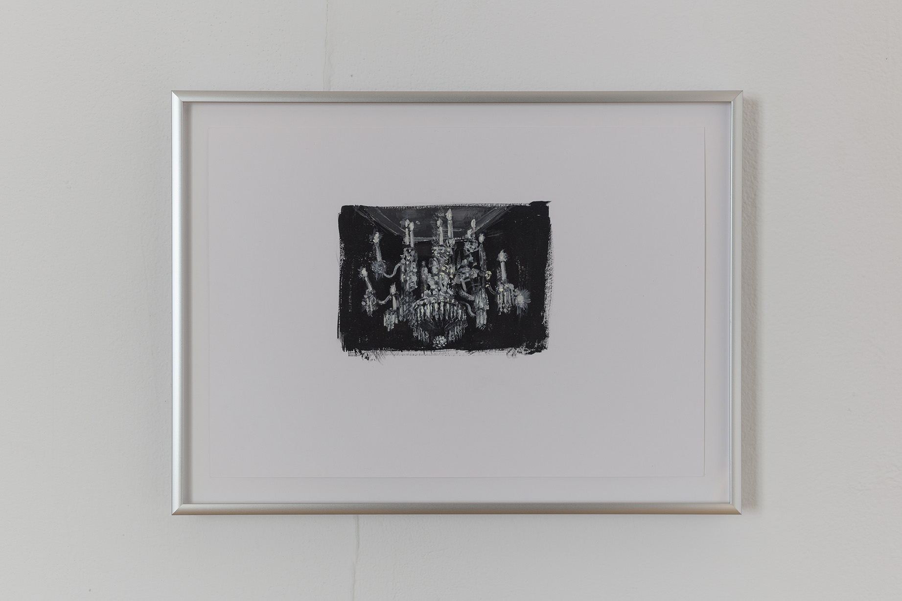 [Thin, silver metal frame hanging on a white wall. The drawing within the frame is of a crystal chandelier. It is rendered in black and white. It looks luminous. The composition is central on the page and there is a lot of empty space on paper surrounding the image.]