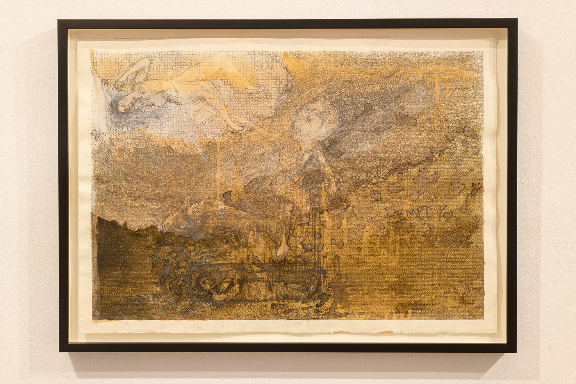 [An artwork rendered in yellows, ocres, browns, and grays framed within a black frame. The artwork’s imagery feels rapturous–human figures move through all parts of the pictureplane’s textural atmosphere, landscape, and underground areas. The people, whether spirits or figures, barely touch yet are very aware of each other’s presences.]