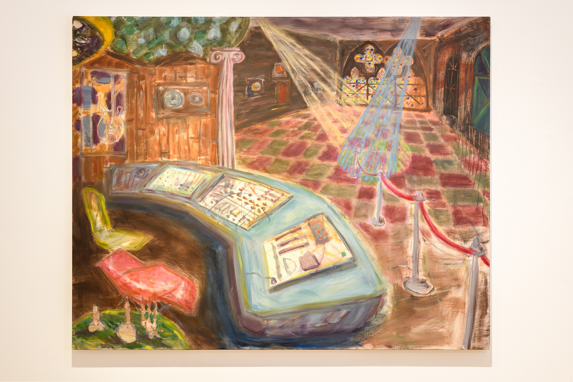 [A colorful painting of an extravagant interior at Paisley Park. The room— from background to foreground— contains a stained glass window, a checkered floor, spotlights, an ionic column, a wall with Prince’s Cloud Guitar and platinum record, a control panel with chairs, and a three-pole rope stanchion.]