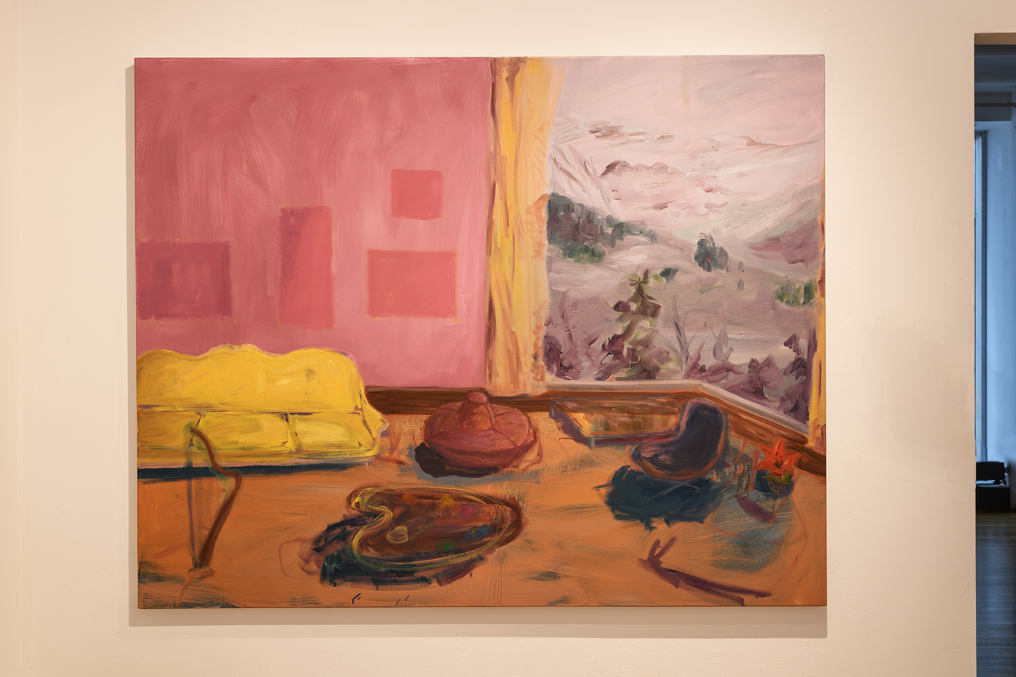 [A very colorful painting of an interior featuring pink walls, orange floors, two couches, a chair, a table, and a harp. The room’s wall seems to be sun-bleached—dark pink rectangles imply spaces where pictures or paintings may have once hung. There also appears to be a large window looking out onto an abstract purple landscape.]