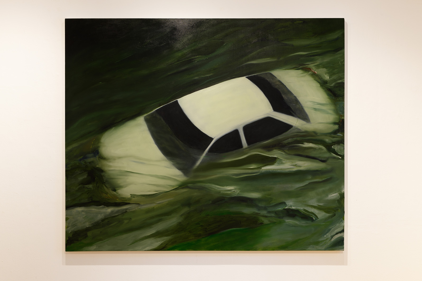 [A painting of a car submerged in dark swampy water. Rich hughes of moss, soot and ivory show a white car submerged in turbulent green water. Night has fallen. The hood of the car is white and the windows are pitch black. On close inspection slivers of red and amber indicate that the car is still on, its head and tail lights transmitting a faint glow through the murky river.]