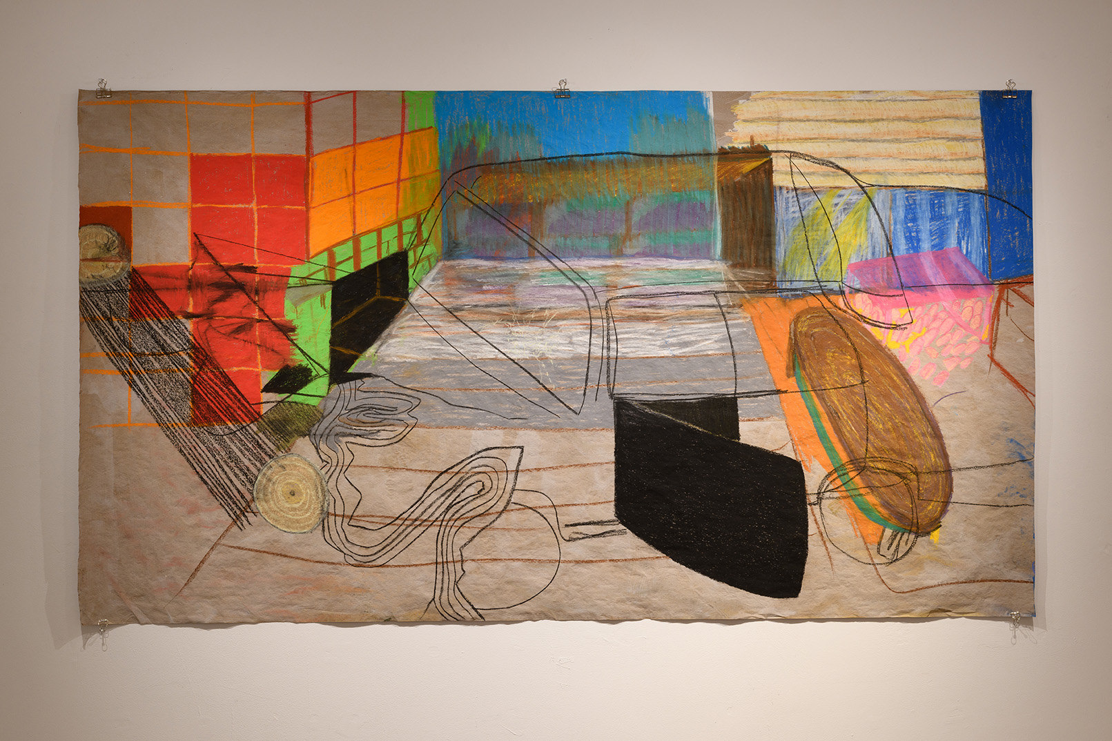 [A large drawing hangs directly on a white wall, unframed. The spatially complex pictureplane feels like a series of interconnected rooms made up of discrete yet related domestic features: wall paneling, bathroom tiling, a fireplace, windows, outdoor scenery, curtains, and shades. Centered within the picture is a contour line drawing of a car, door open, stalled out or stationed inside a dream-space.]