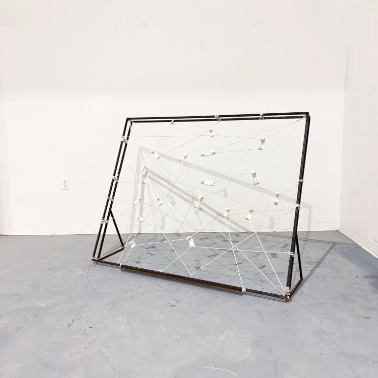 Tension, 2020, metal frame, ceramic pieces, string, 5 ft. x 2 ft. x 4 ft.