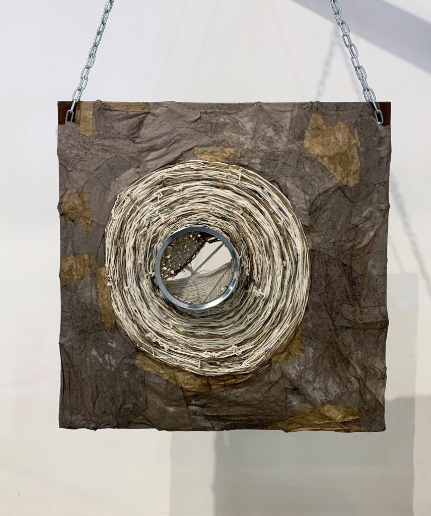 Untitled, 2021, metal frame, bike wheel, yarn, string, paper, glue, 3 ft. x 1 ft. x 3 ft.