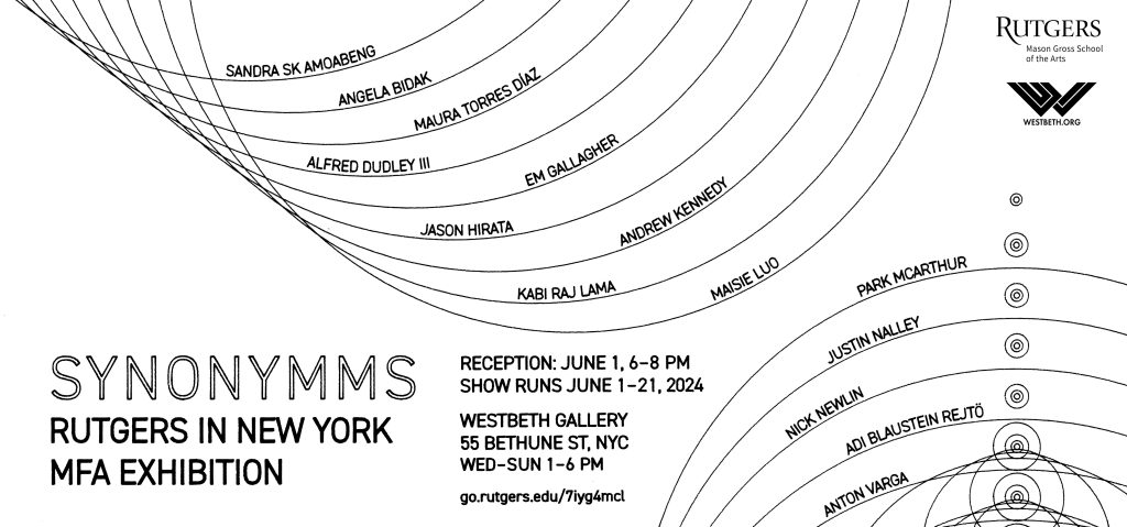 The show's title Synonymms and information Rutgers in New York MFA Exhibition, Reception: June 1 6-8PM, Show runs June 1–June 21, 2024, Westbeth Gallery 55 Bethune St NY, NY, Wed–Sun 1–6PM, fill the image's left side alongside the Rutgers and Westbeth logos. Concentric circles fill the image's right side and along each contour line an artist's name appears: Sandra SK Amoabeng, Angela Bidak, Maura Torres Díaz, Alfred Dudley III, Em Gallagher, Jason Hirata, Andrew Kennedy, Kabi Raj Lama, Maisie Luo, Park McArthur, Justin Nalley, Nick Newlin, Adi Blaustein Rejtö, Anton Varga.